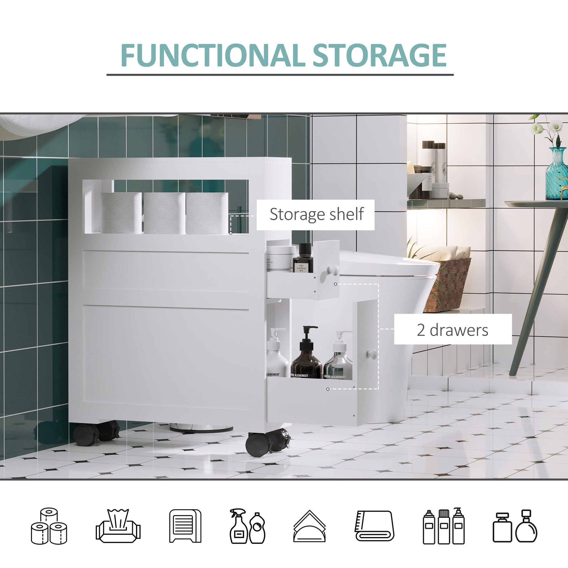 HOMCOM Rolling Bathroom Storage Cabinet - White MDF