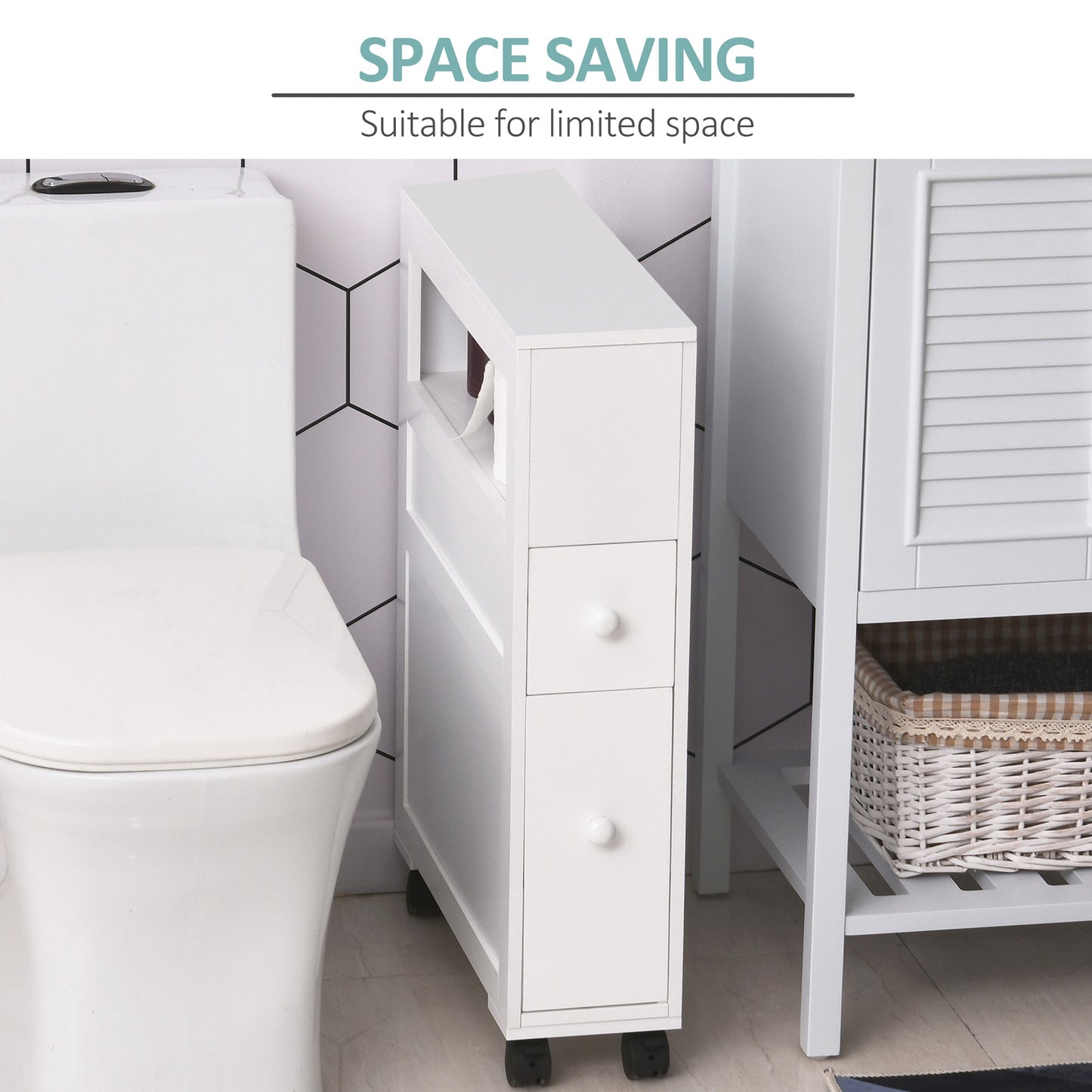 HOMCOM Rolling Bathroom Storage Cabinet - White MDF