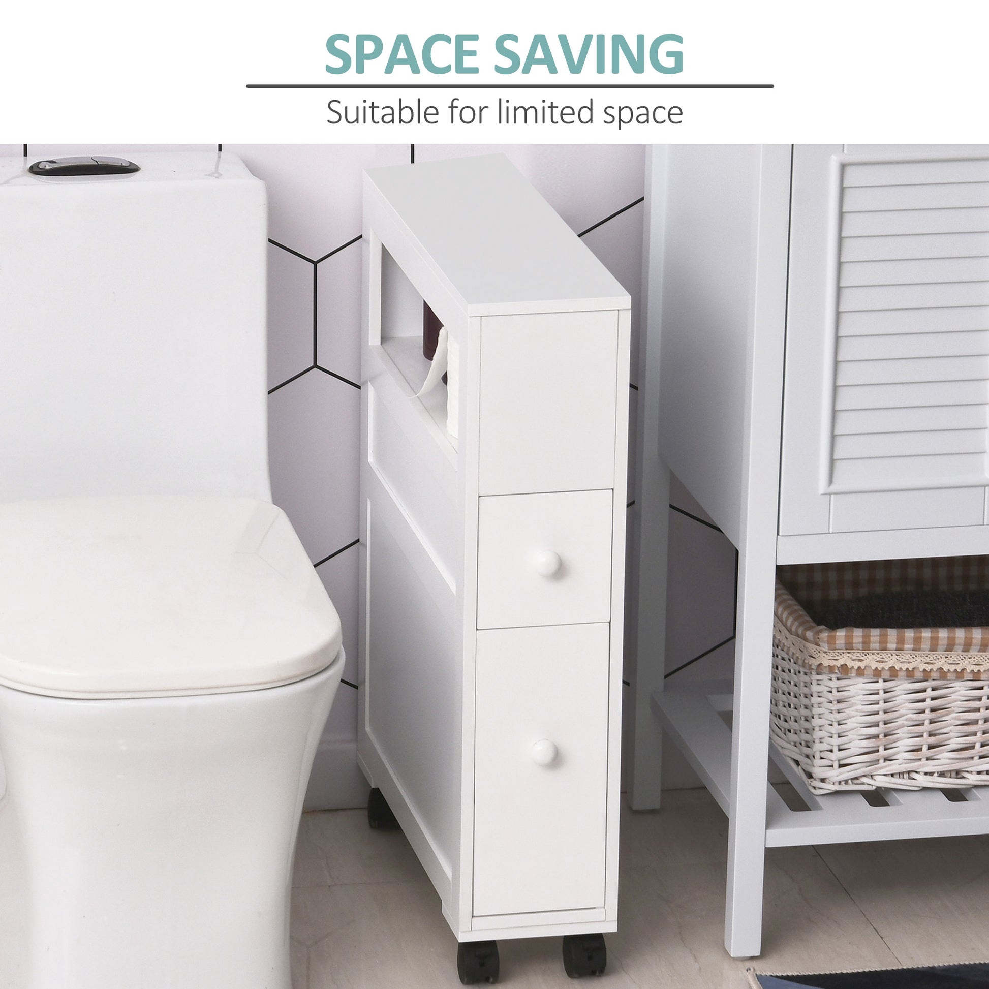 HOMCOM Rolling Bathroom Storage Cabinet - White MDF