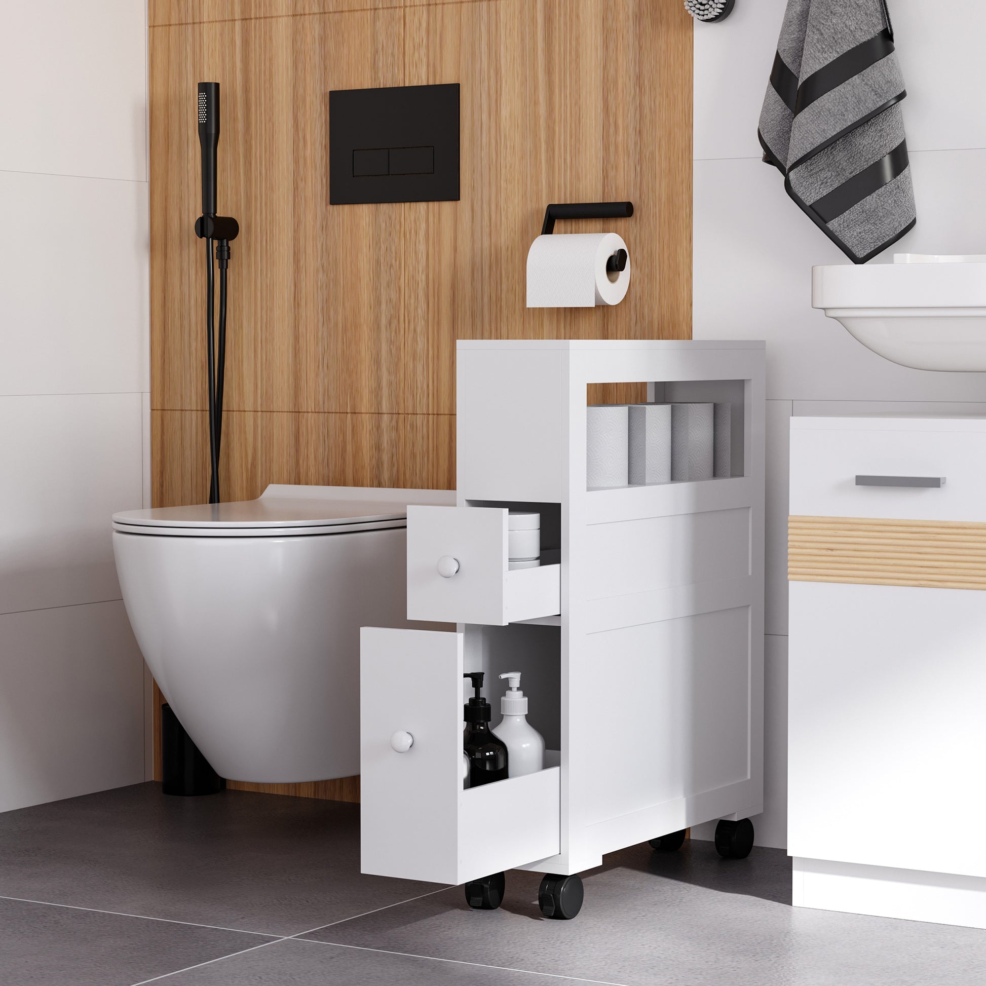 HOMCOM Rolling Bathroom Storage Cabinet - White MDF