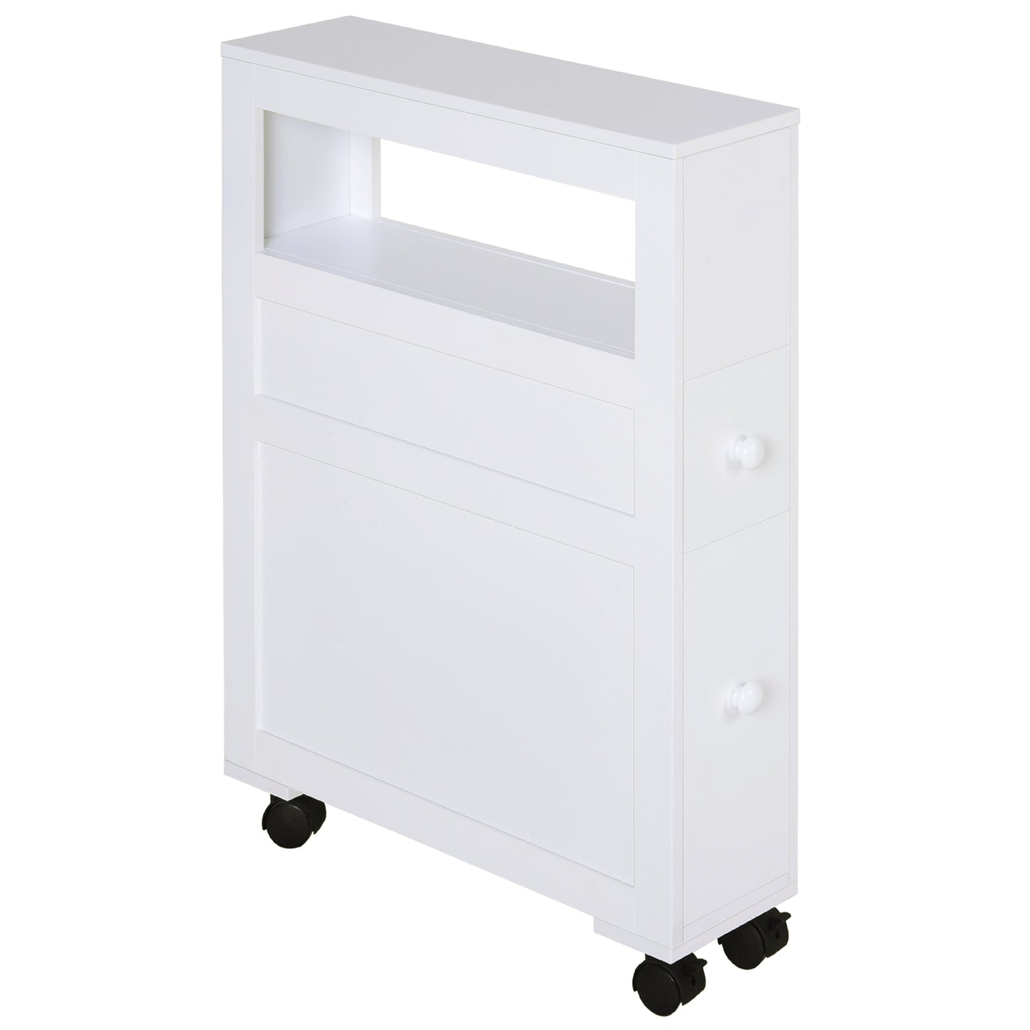 HOMCOM 6.25" x 20.5" x 28.25" Wood Rolling Narrow Bathroom Side Storage Cabinet - White