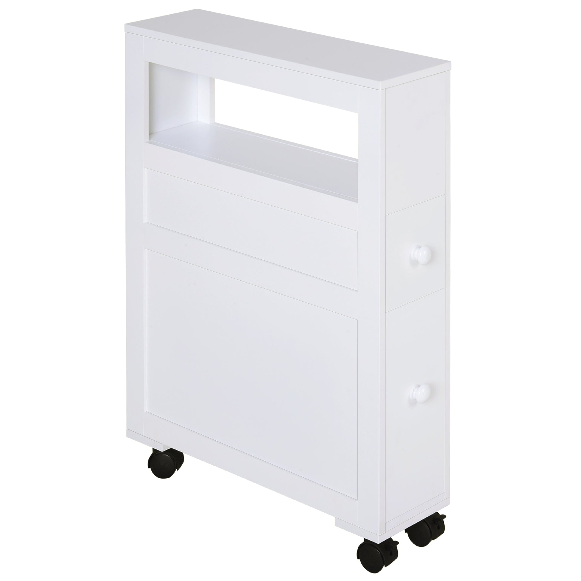 HOMCOM 6.25" x 20.5" x 28.25" Wood Rolling Narrow Bathroom Side Storage Cabinet - White