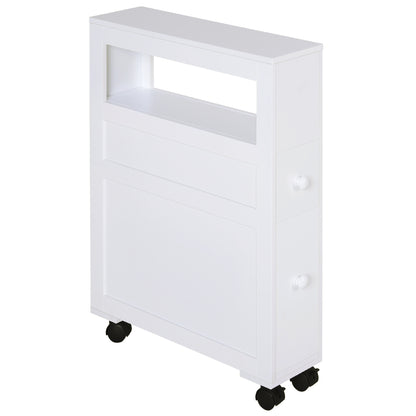 HOMCOM 6.25" x 20.5" x 28.25" Wood Rolling Narrow Bathroom Side Storage Cabinet - White