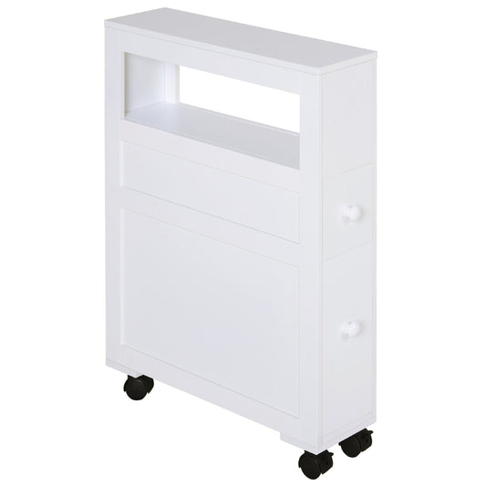 HOMCOM 6.25" x 20.5" x 28.25" Wood Rolling Narrow Bathroom Side Storage Cabinet - White