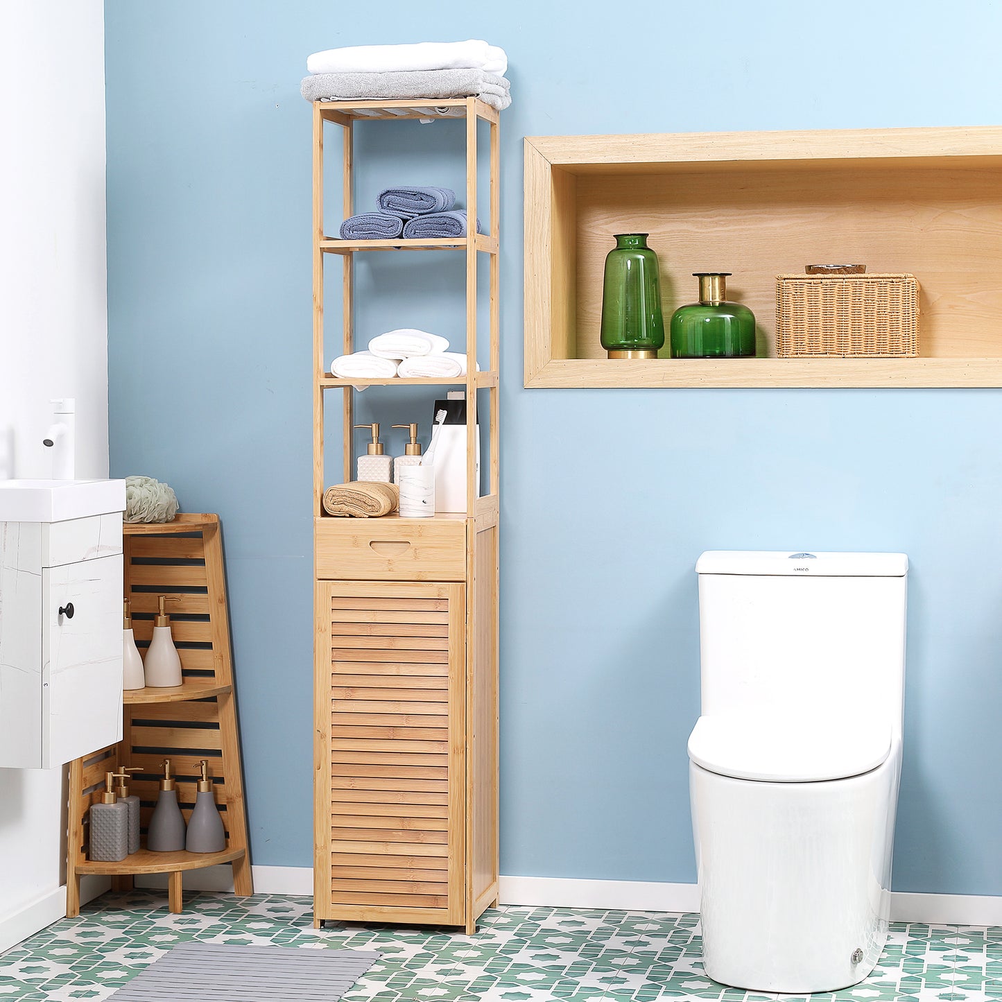 Natural Bamboo Bathroom Cabinet - Tall Linen Storage