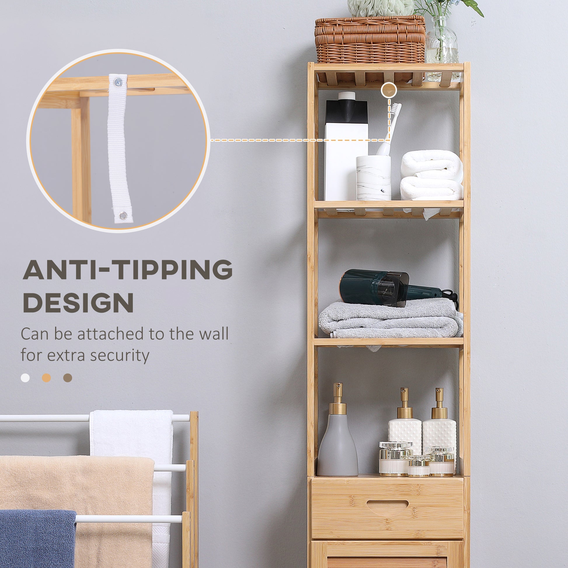 Natural Bamboo Bathroom Cabinet - Tall Linen Storage