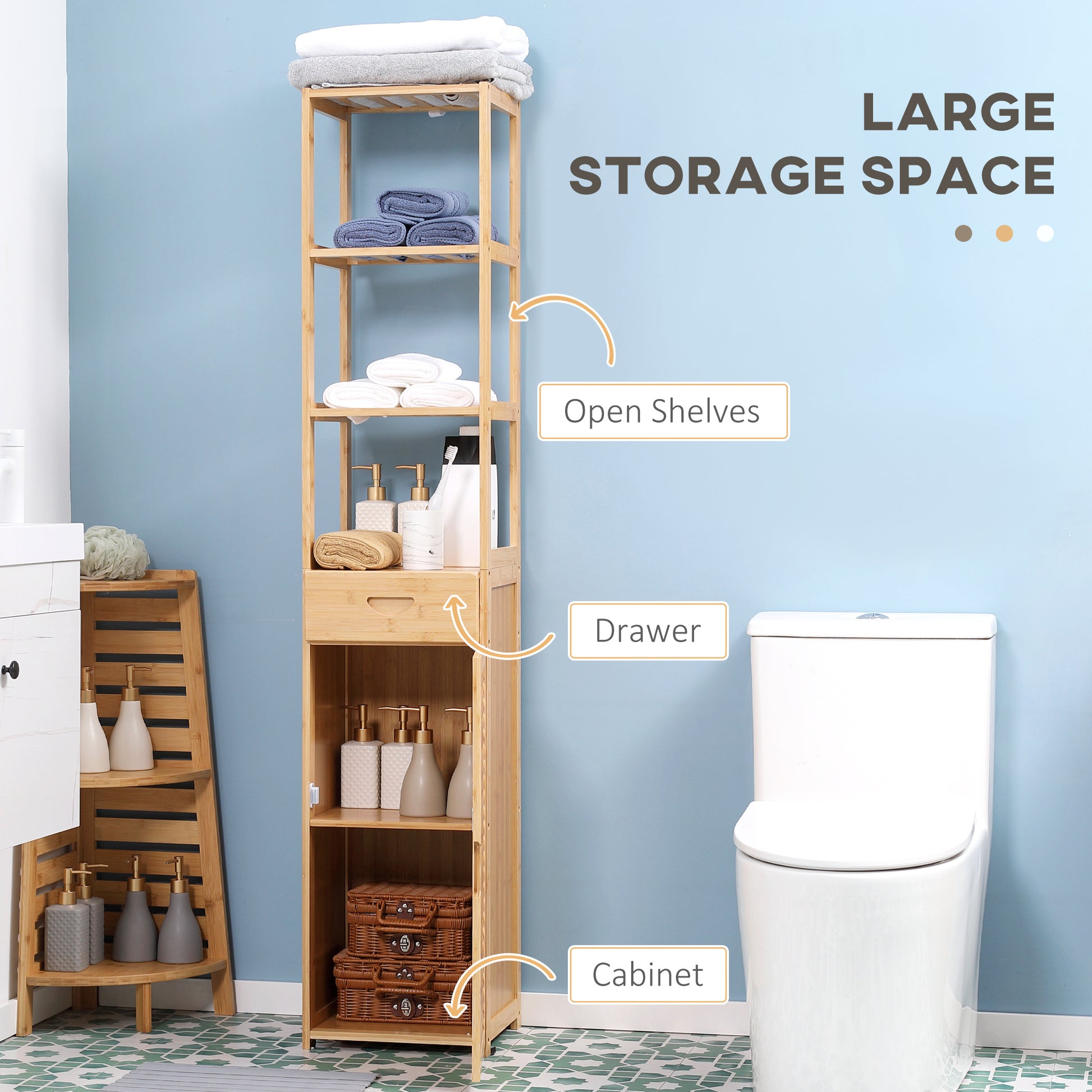 Natural Bamboo Bathroom Cabinet - Tall Linen Storage