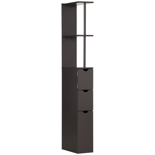 HOMCOM 54" Tall Bathroom Storage Cabinet, Freestanding Linen Tower with 2-Tier Shelf and Drawers, Narrow Side Floor Organizer, Brown