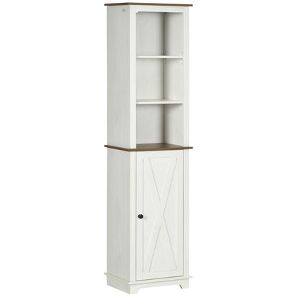 kleankin Slim Bathroom Storage Cabinet with Triple Open Shelves, Wooden Freestanding Linen Tower with Door and Shelf Adjustability, White
