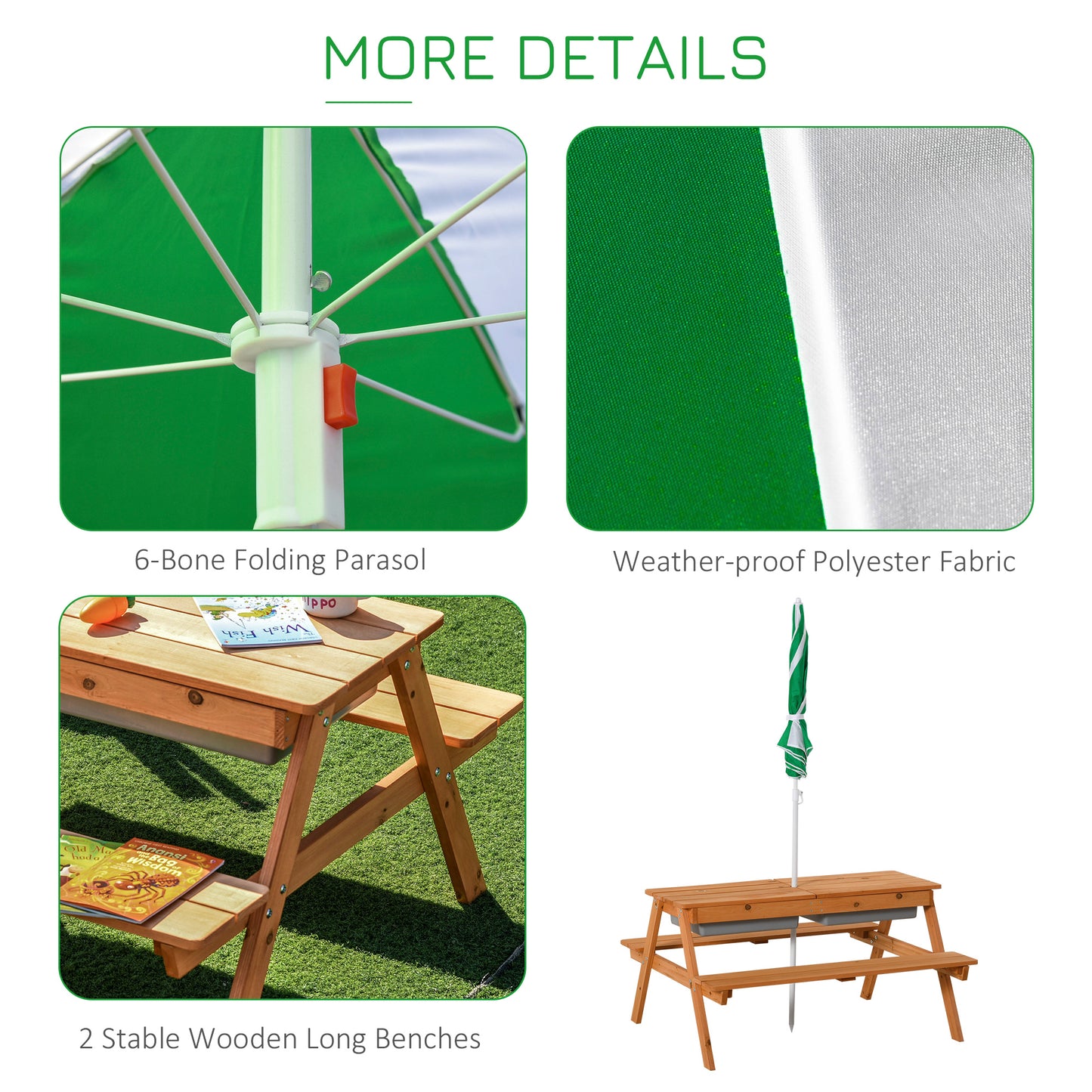 Natural Wood Kids Picnic Table with Storage and Shade Umbrella for Garden