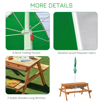 Natural Wood Kids Picnic Table with Storage and Shade Umbrella for Garden