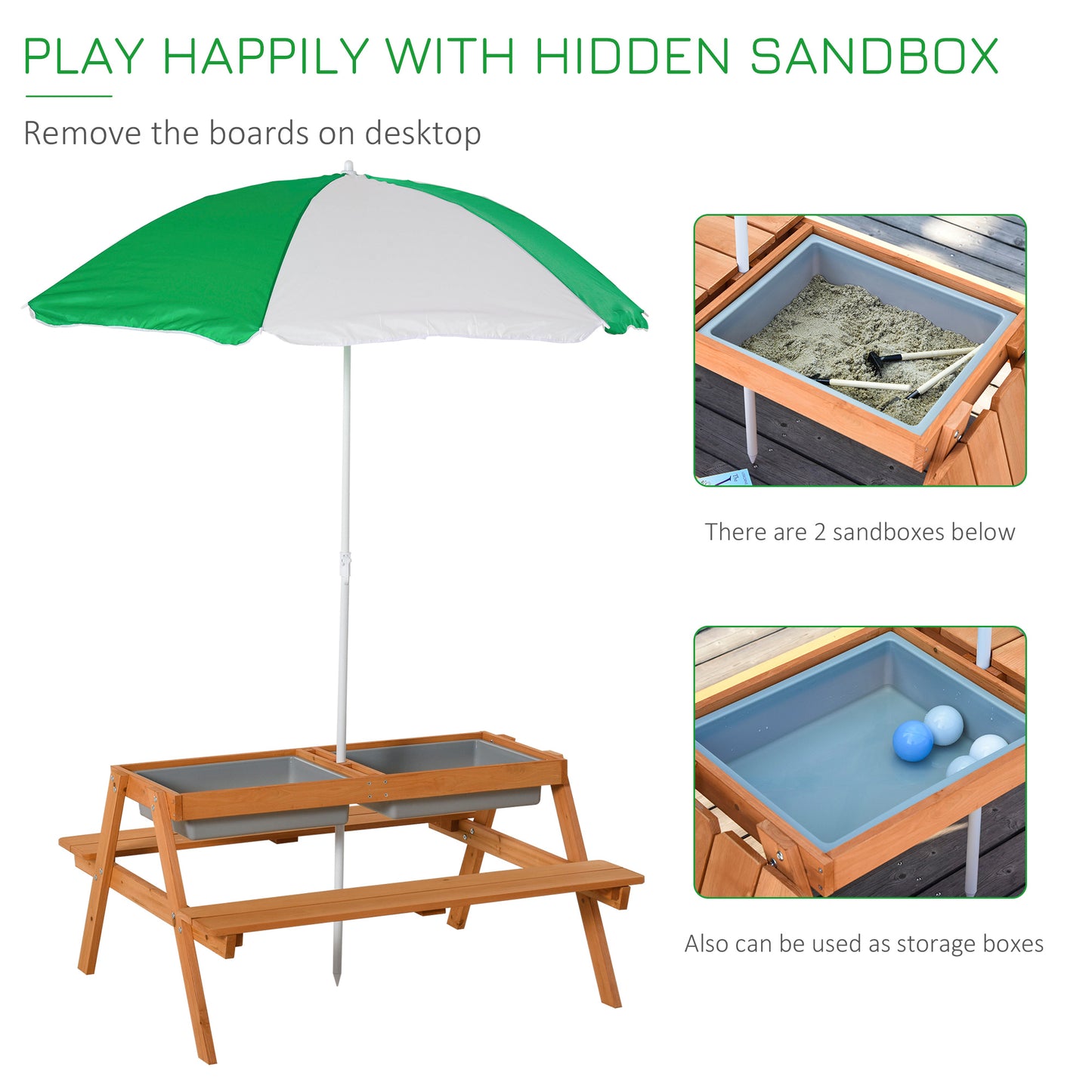 Natural Wood Kids Picnic Table with Storage and Shade Umbrella for Garden