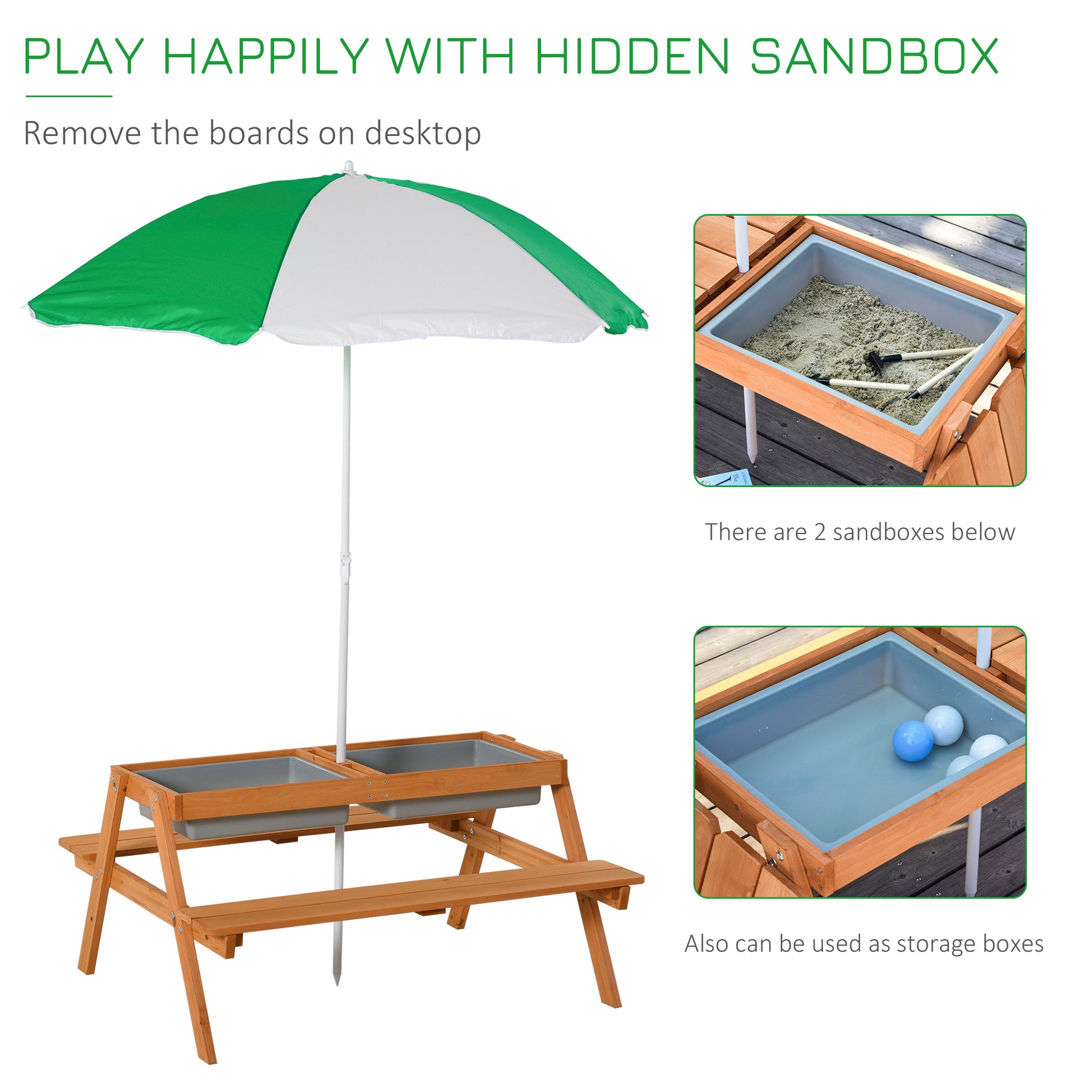 Natural Wood Kids Picnic Table with Storage and Shade Umbrella for Garden
