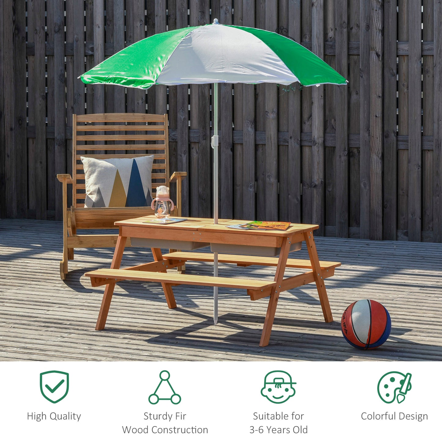Natural Wood Kids Picnic Table with Storage and Shade Umbrella for Garden