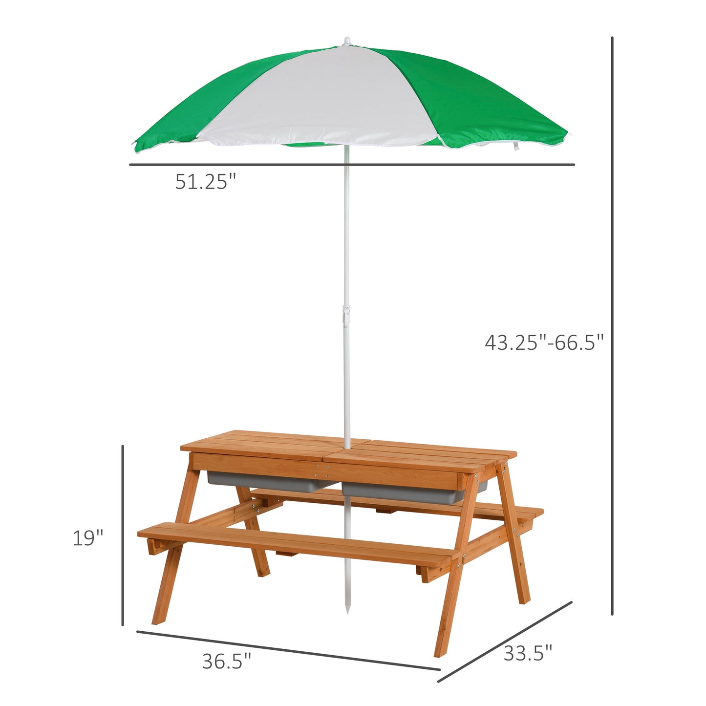 Natural Wood Kids Picnic Table with Storage and Shade Umbrella for Garden