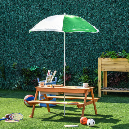 Natural Wood Kids Picnic Table with Storage and Shade Umbrella for Garden