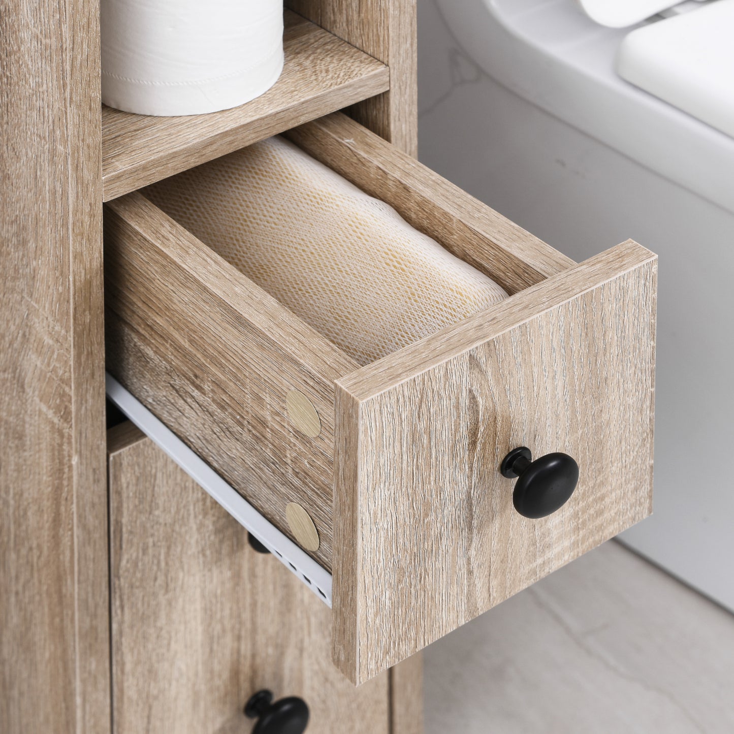 Oak Bathroom Storage Cabinet with Wheels - 7" D x 11.8" W x 27" H