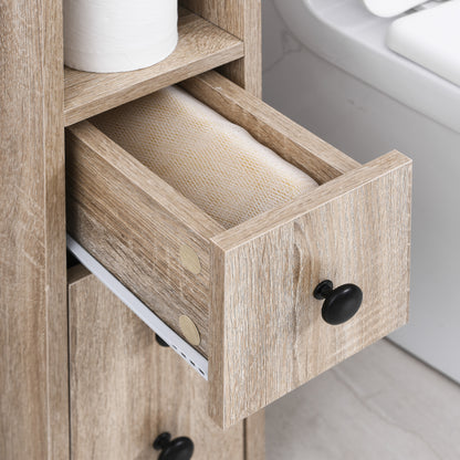 Oak Bathroom Storage Cabinet with Wheels - 7" D x 11.8" W x 27" H
