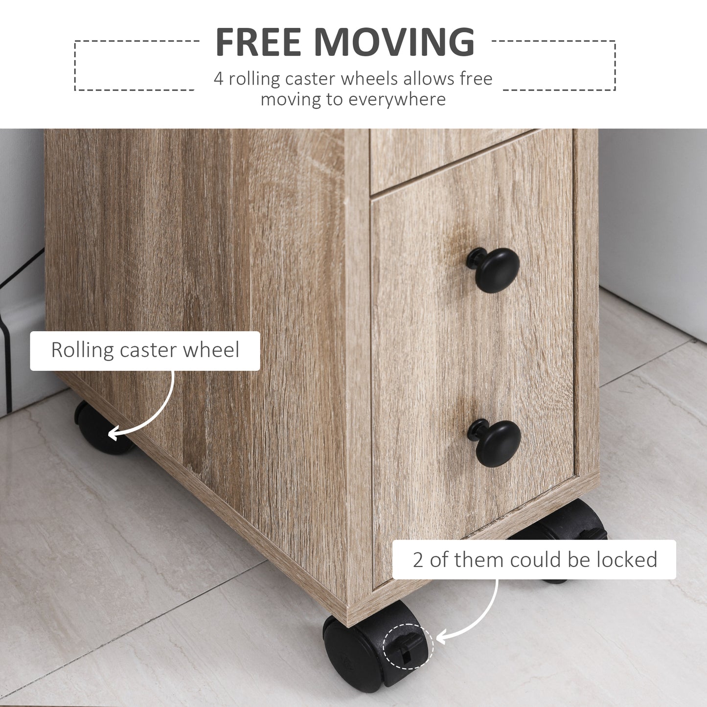 Oak Bathroom Storage Cabinet with Wheels - 7" D x 11.8" W x 27" H