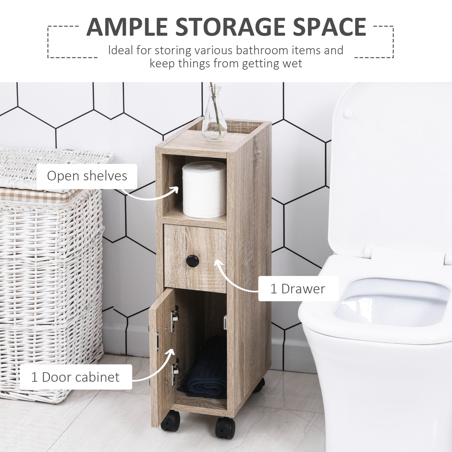 Oak Bathroom Storage Cabinet with Wheels - 7" D x 11.8" W x 27" H