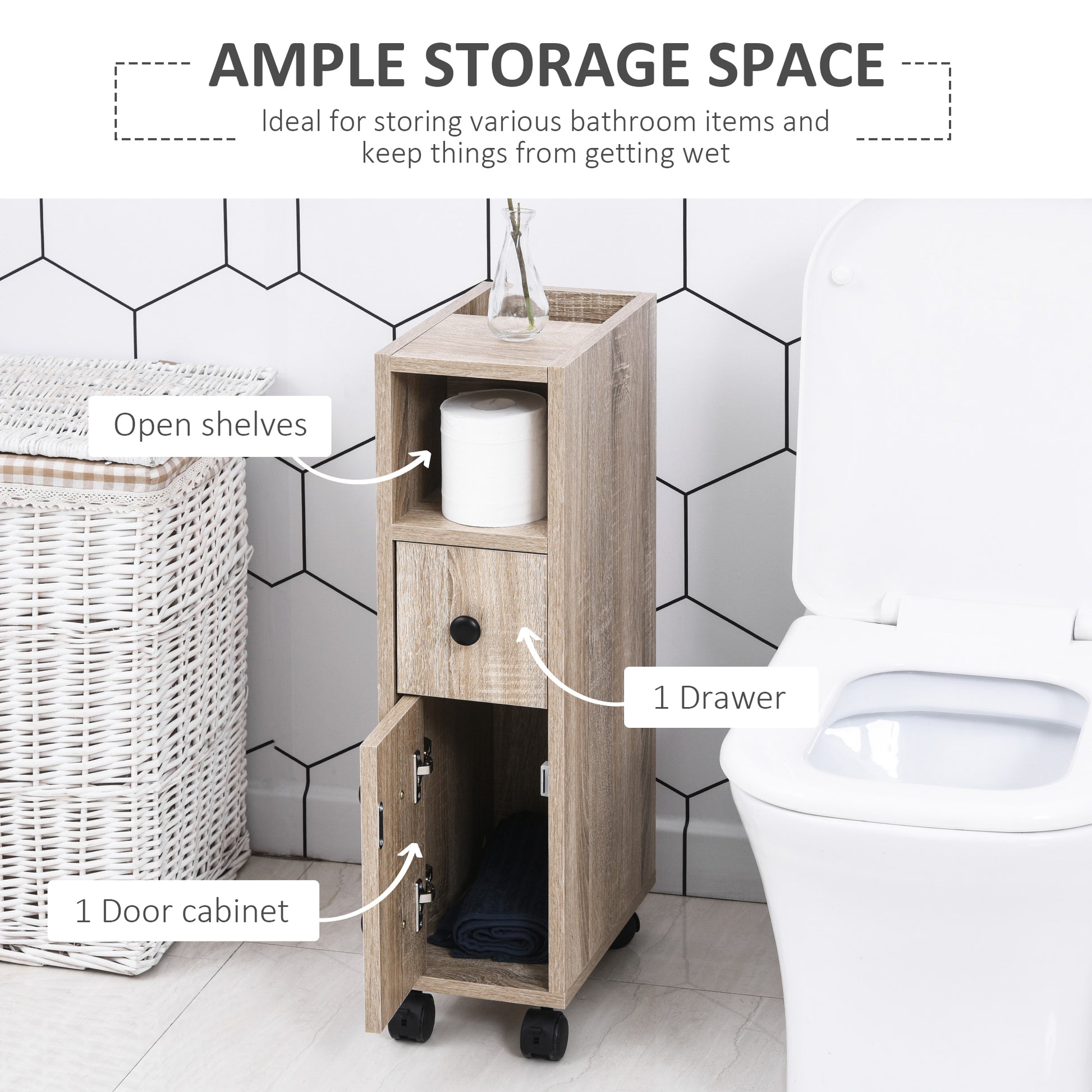 Oak Bathroom Storage Cabinet with Wheels - 7" D x 11.8" W x 27" H