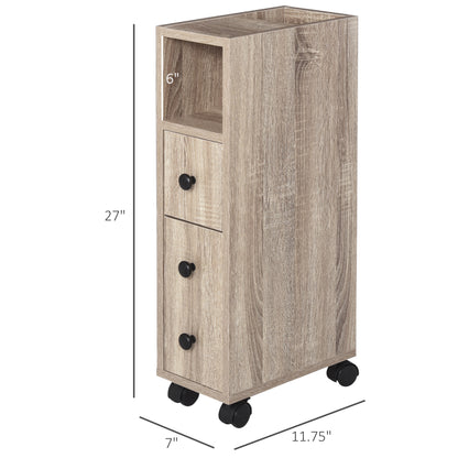 Oak Bathroom Storage Cabinet with Wheels - 7" D x 11.8" W x 27" H