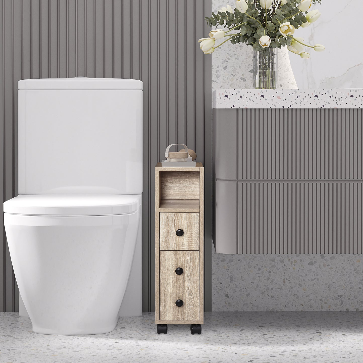 Oak Bathroom Storage Cabinet with Wheels - 7" D x 11.8" W x 27" H