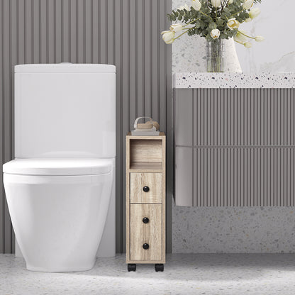 Oak Bathroom Storage Cabinet with Wheels - 7" D x 11.8" W x 27" H