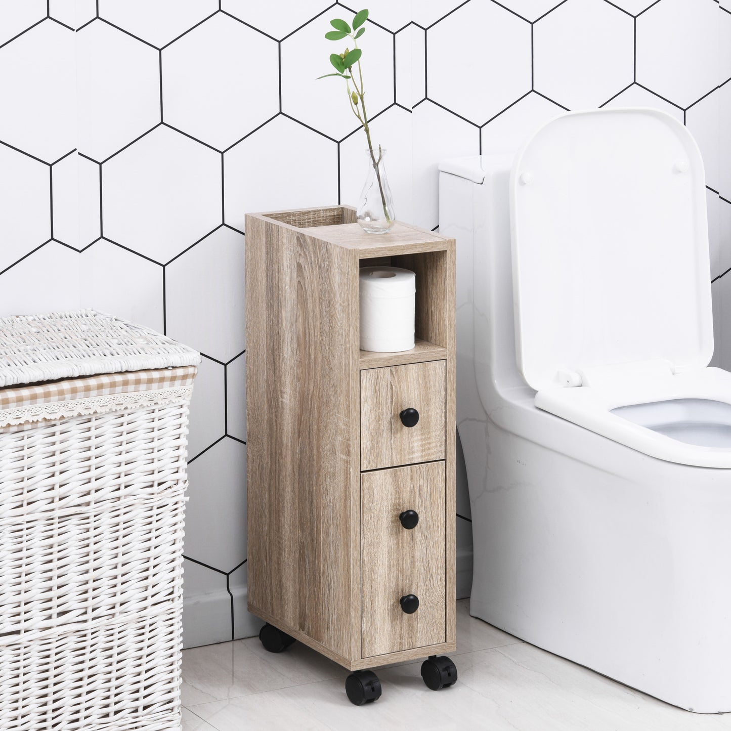 Oak Bathroom Storage Cabinet with Wheels - 7" D x 11.8" W x 27" H