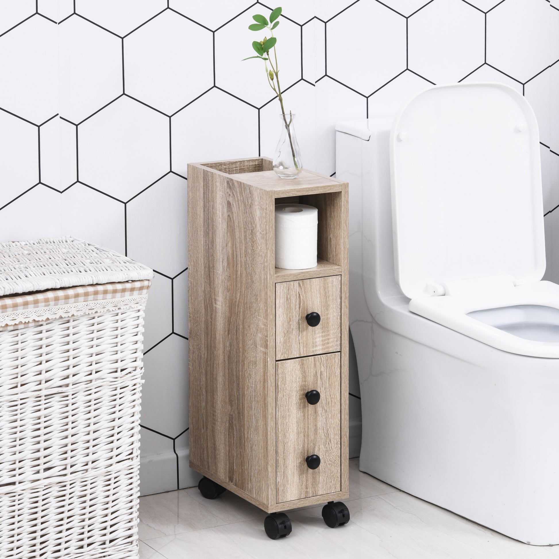 Oak Bathroom Storage Cabinet with Wheels - 7" D x 11.8" W x 27" H