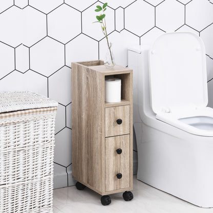 Oak Bathroom Storage Cabinet with Wheels - 7" D x 11.8" W x 27" H