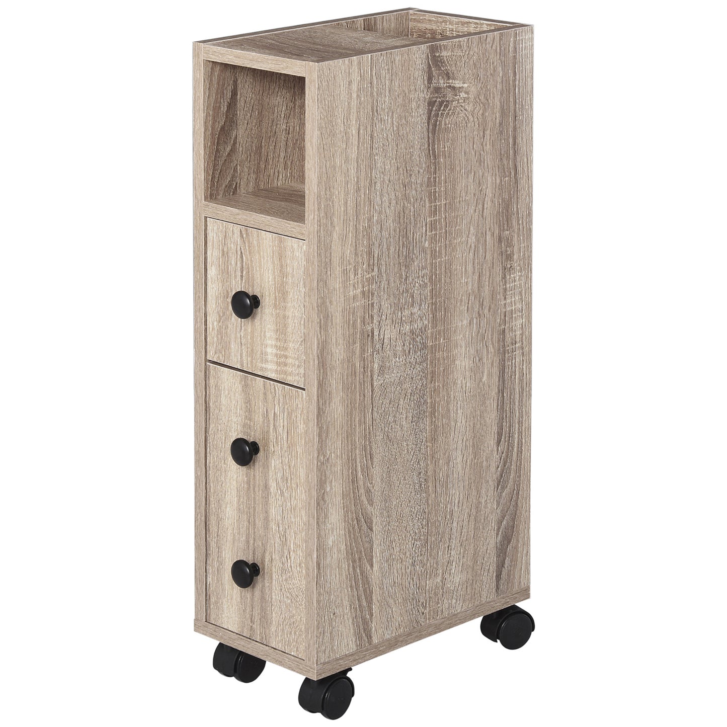 Oak Bathroom Storage Cabinet with Wheels - 7" D x 11.8" W x 27" H