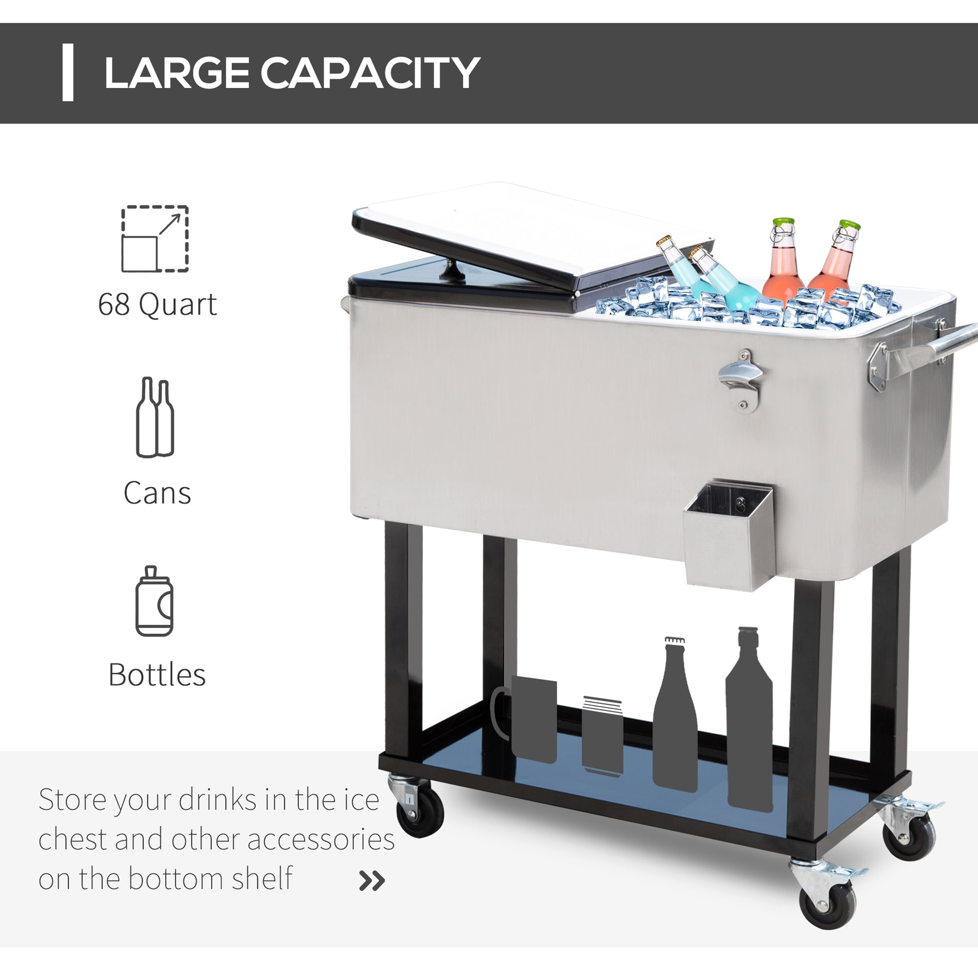 80 Quart Silver Rolling Cooler with Wheels - Outdoor Ice Chest