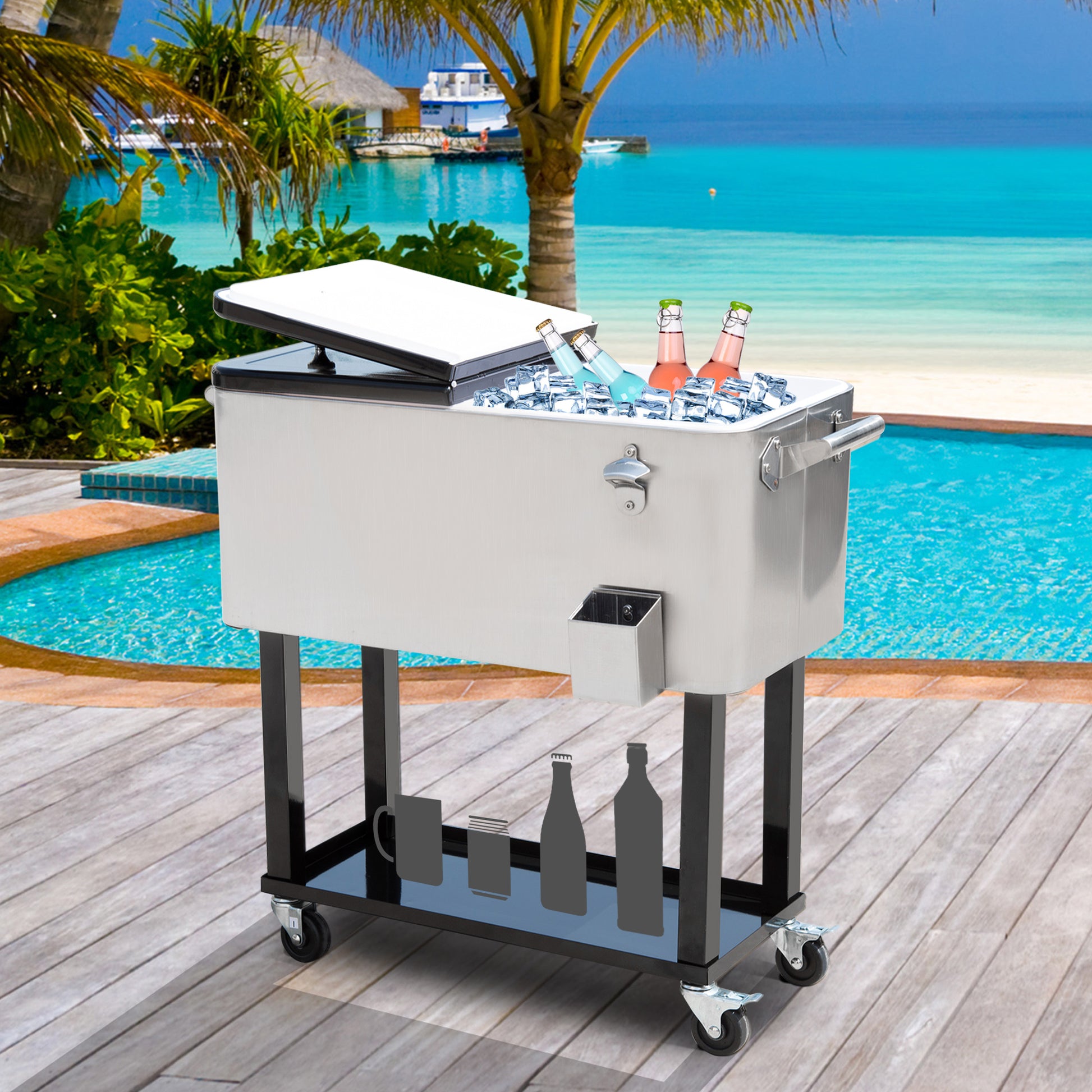 80 Quart Silver Rolling Cooler with Wheels - Outdoor Ice Chest