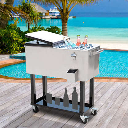 80 Quart Silver Rolling Cooler with Wheels - Outdoor Ice Chest