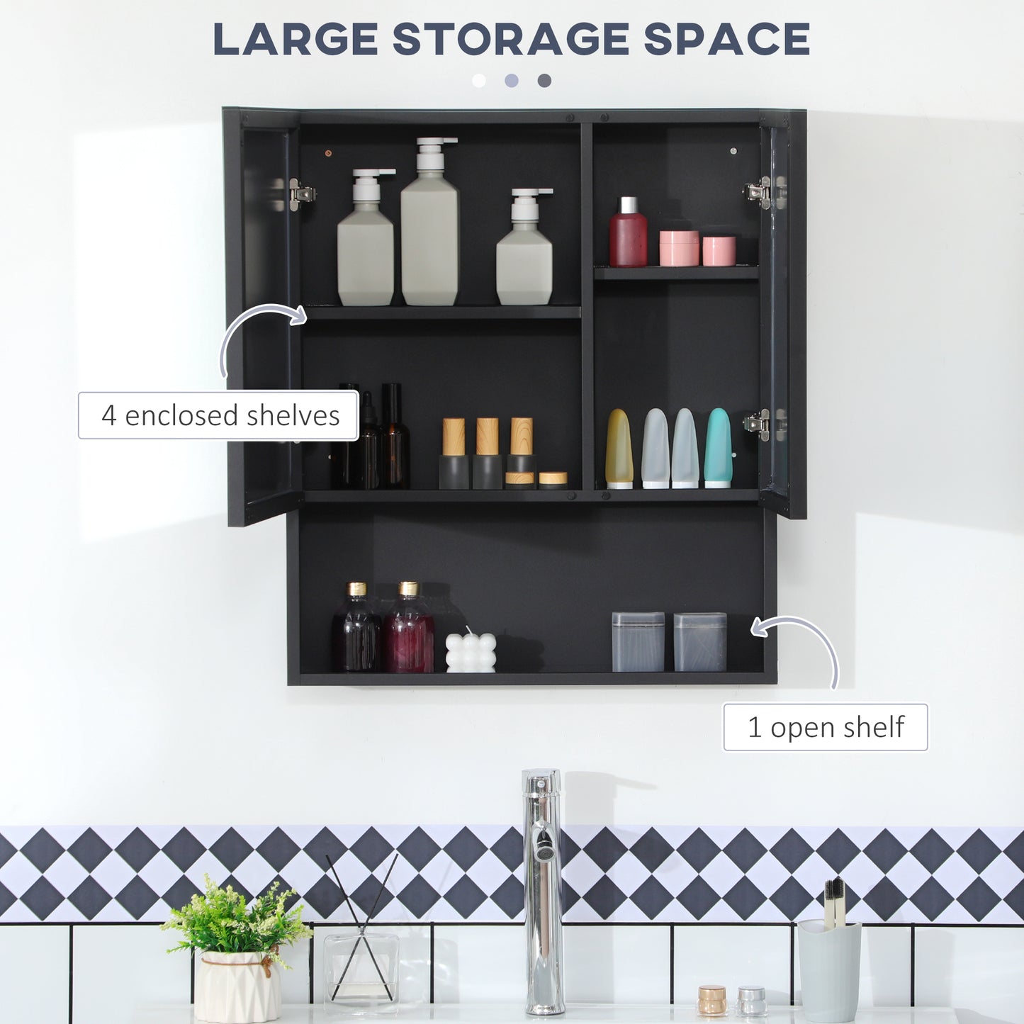Wall Mounted Bathroom Mirror Cabinet - Black Stainless Steel