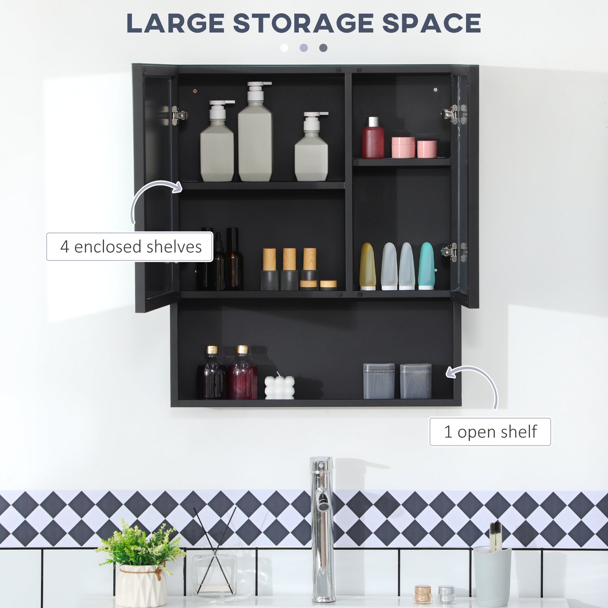 Wall Mounted Bathroom Mirror Cabinet - Black Stainless Steel