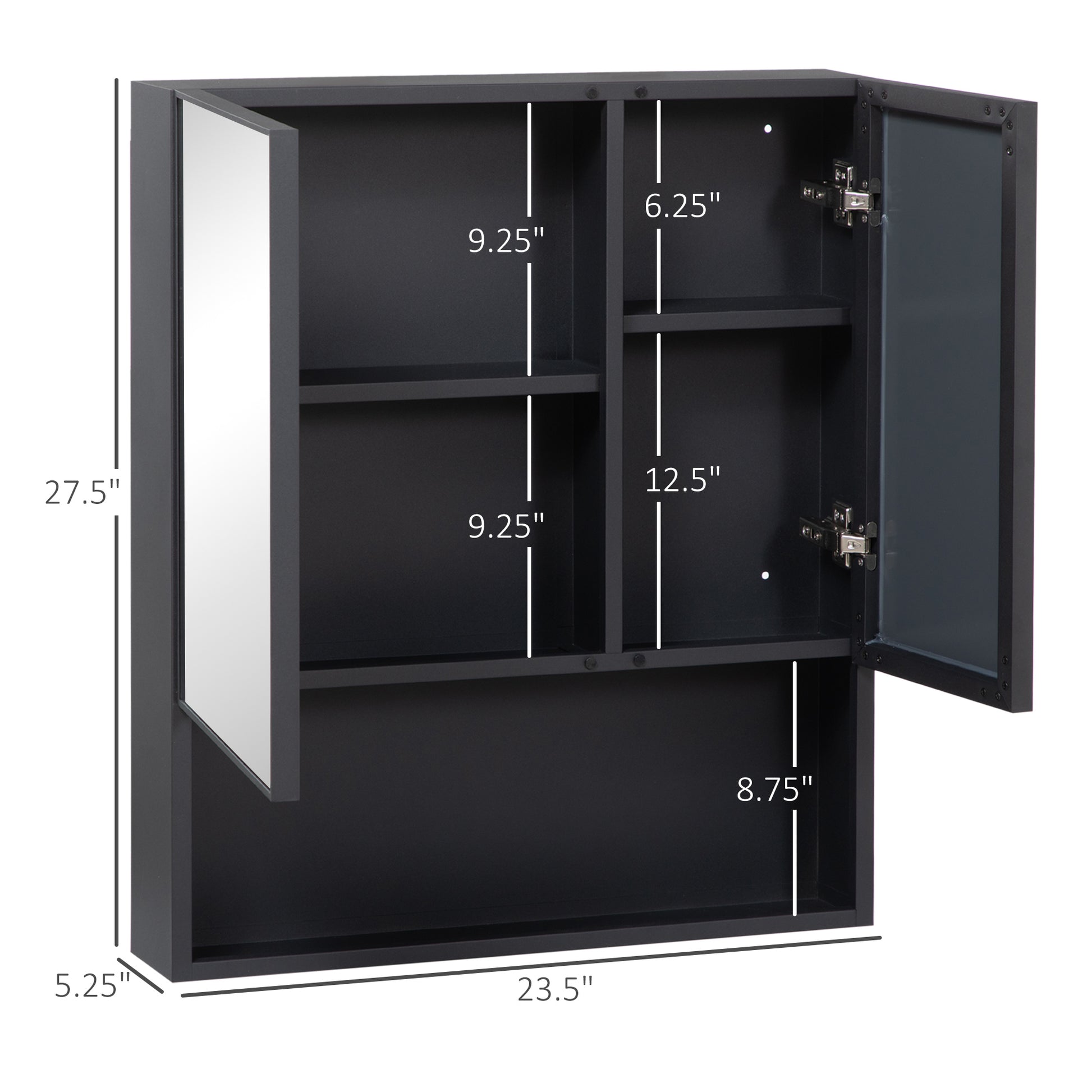 Wall Mounted Bathroom Mirror Cabinet - Black Stainless Steel