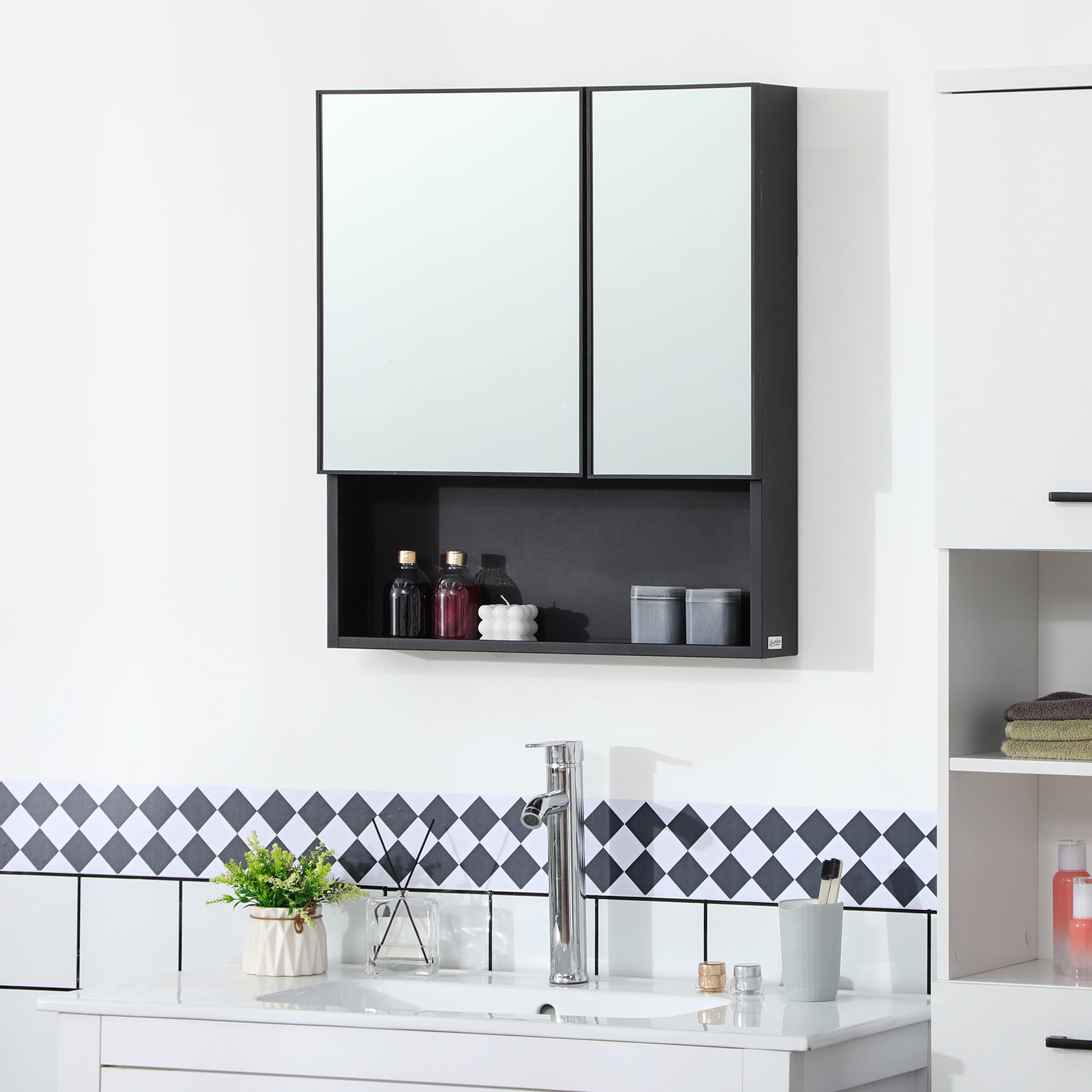 Wall Mounted Bathroom Mirror Cabinet - Black Stainless Steel