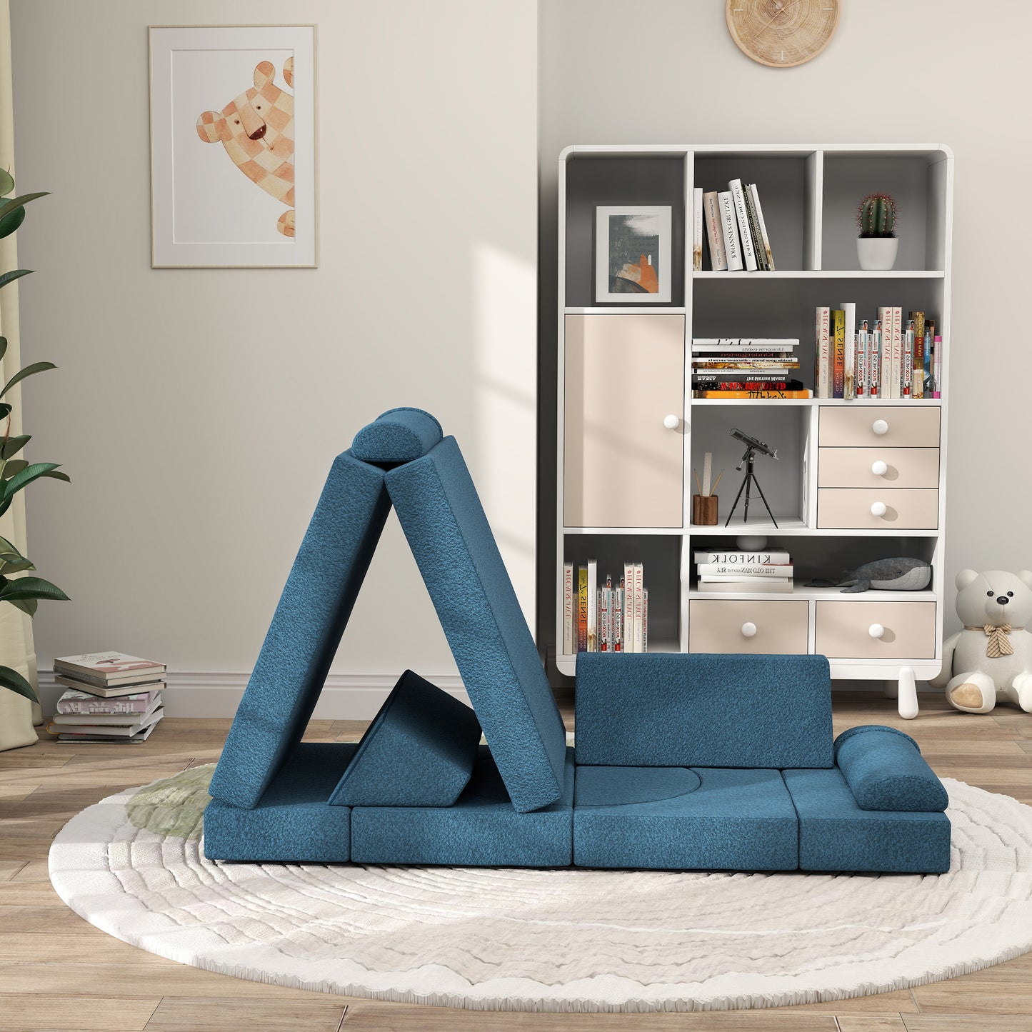 Qaba 12 Pcs Kids Modular Couch - Blue Teddy Comfort