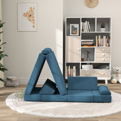 Qaba 12 Pcs Kids Modular Couch - Blue Teddy Comfort