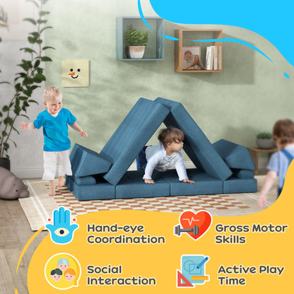 Qaba 12 Pcs Kids Modular Couch - Blue Teddy Comfort
