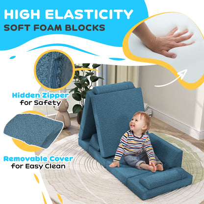 Qaba 12 Pcs Kids Modular Couch - Blue Teddy Comfort