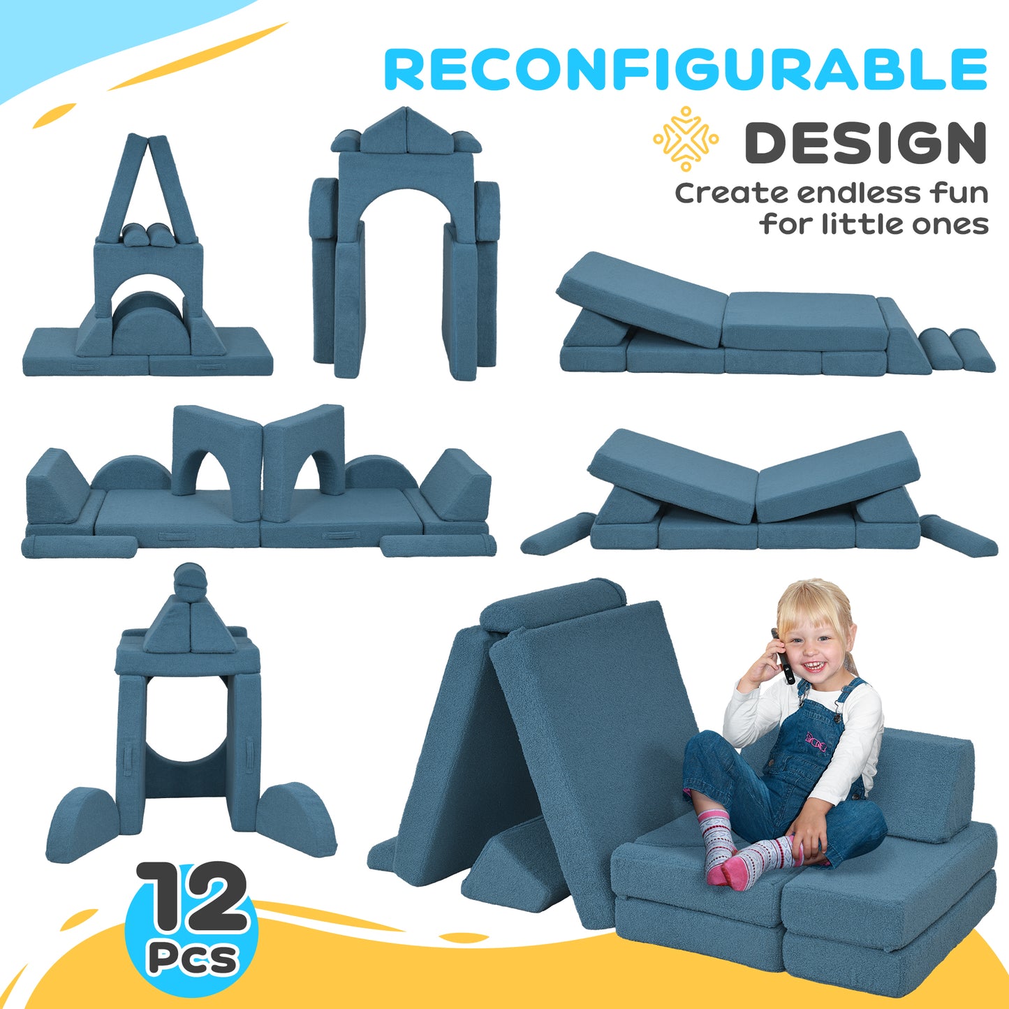 Qaba 12 Pcs Kids Modular Couch - Blue Teddy Comfort