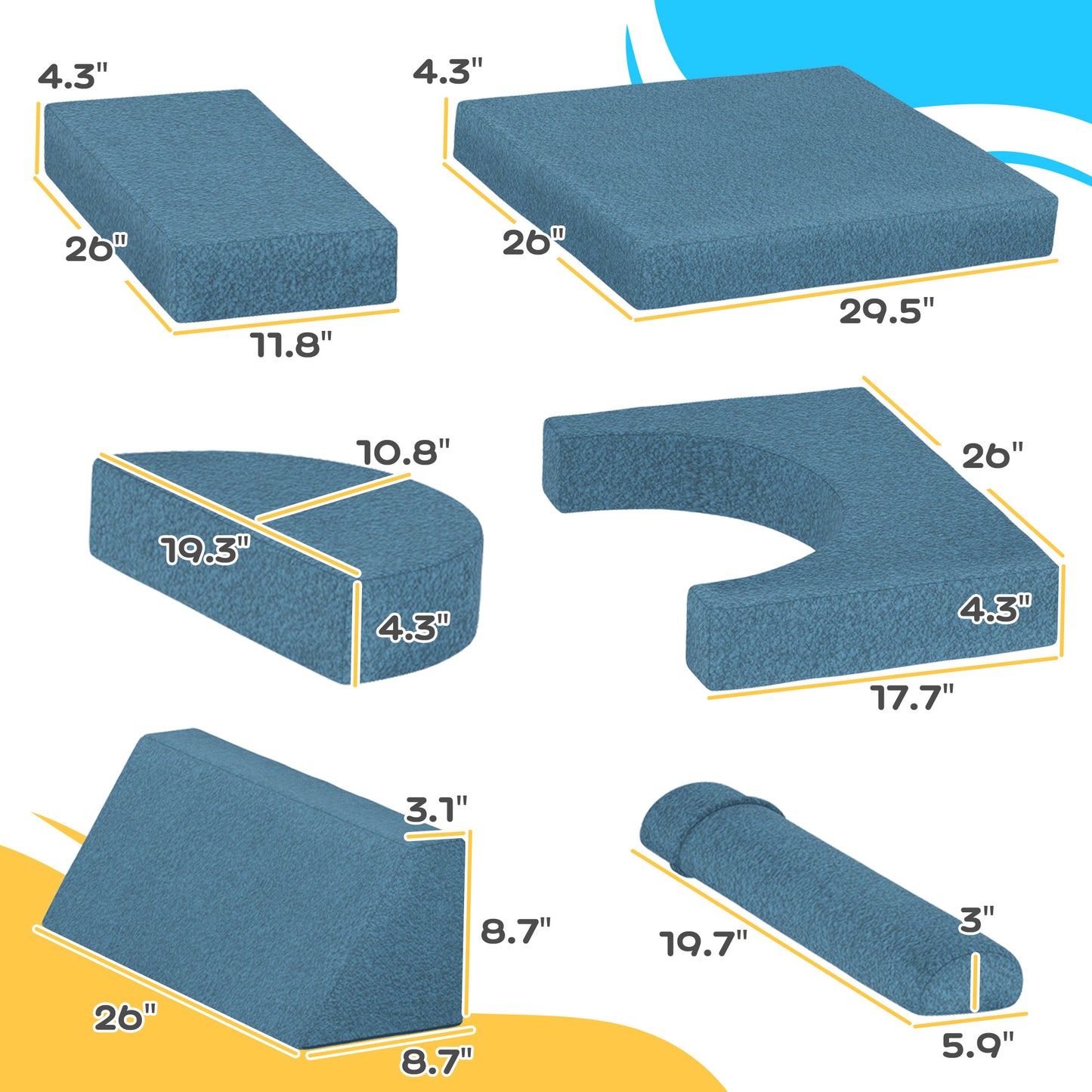 Qaba 12 Pcs Kids Modular Couch - Blue Teddy Comfort