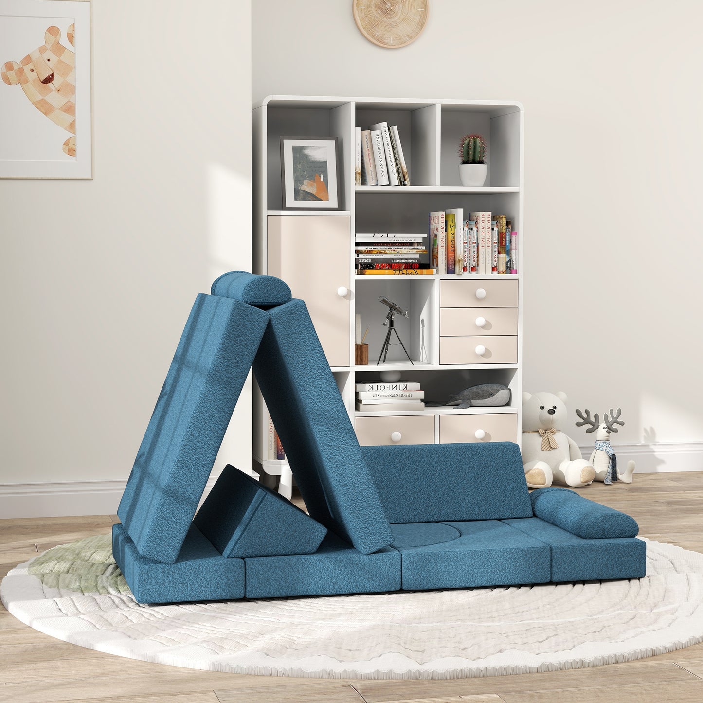 Qaba 12 Pcs Kids Modular Couch - Blue Teddy Comfort