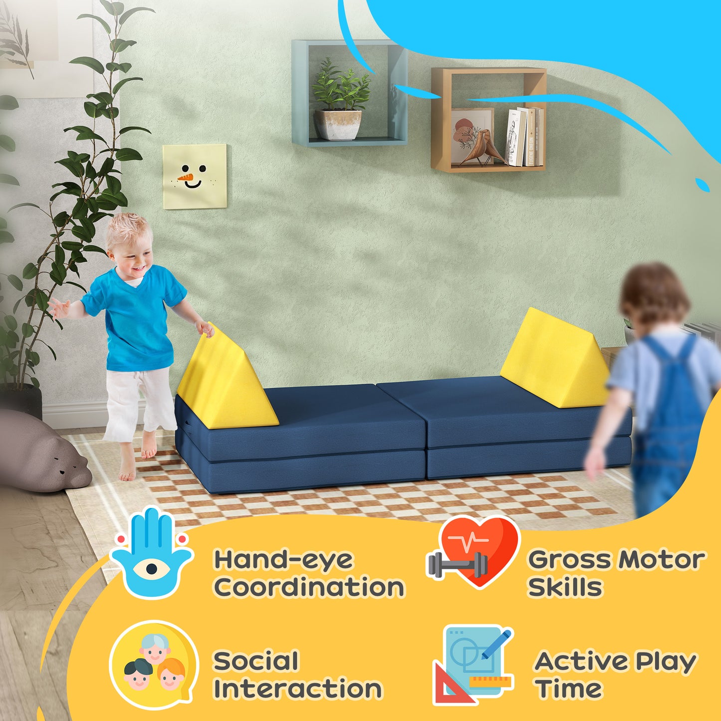 Blue Velvet Kids Play Couch - 6 Piece Modular Sofa