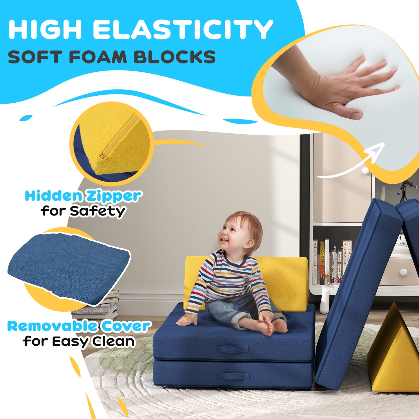 Blue Velvet Kids Play Couch - 6 Piece Modular Sofa