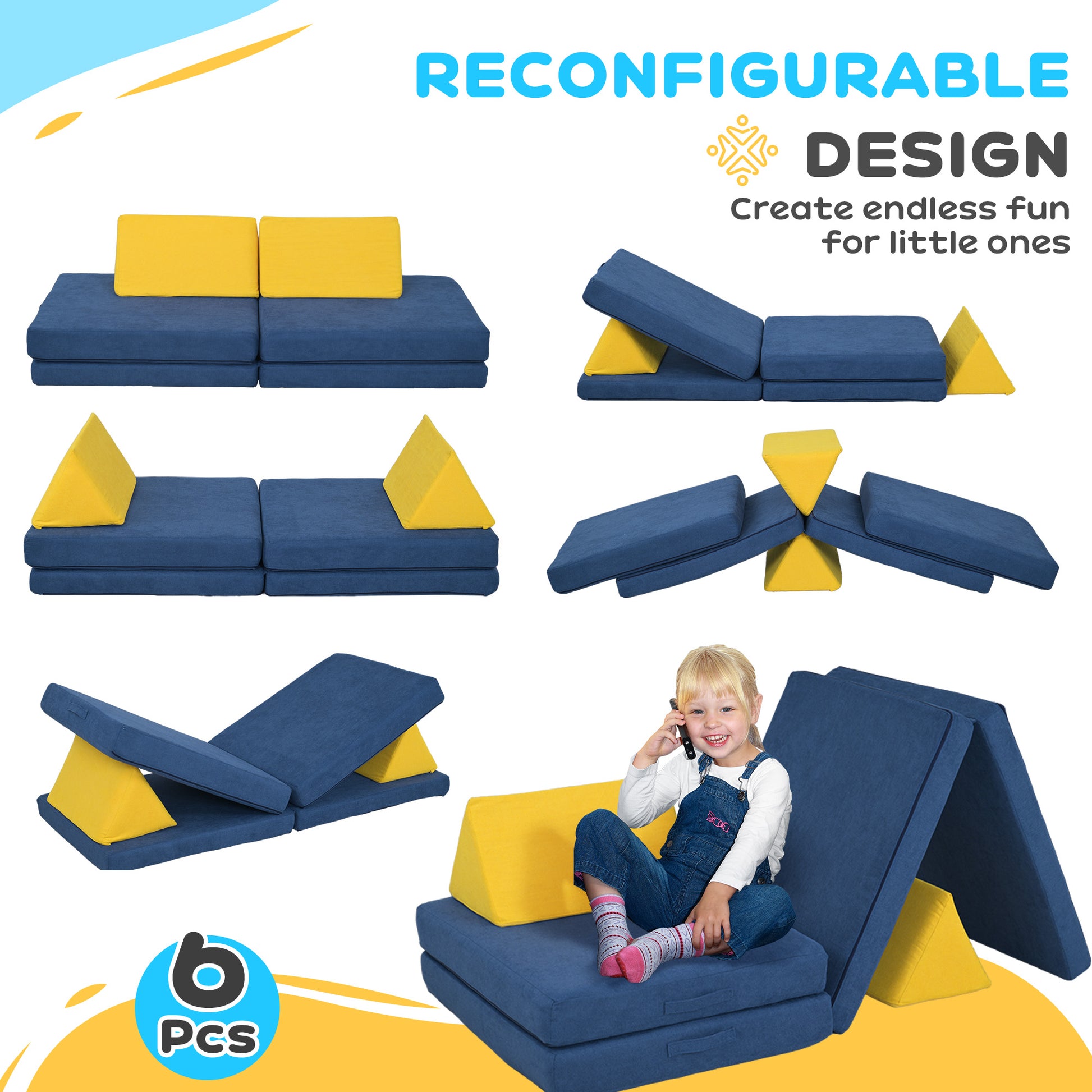 Blue Velvet Kids Play Couch - 6 Piece Modular Sofa
