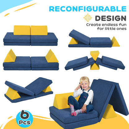 Blue Velvet Kids Play Couch - 6 Piece Modular Sofa